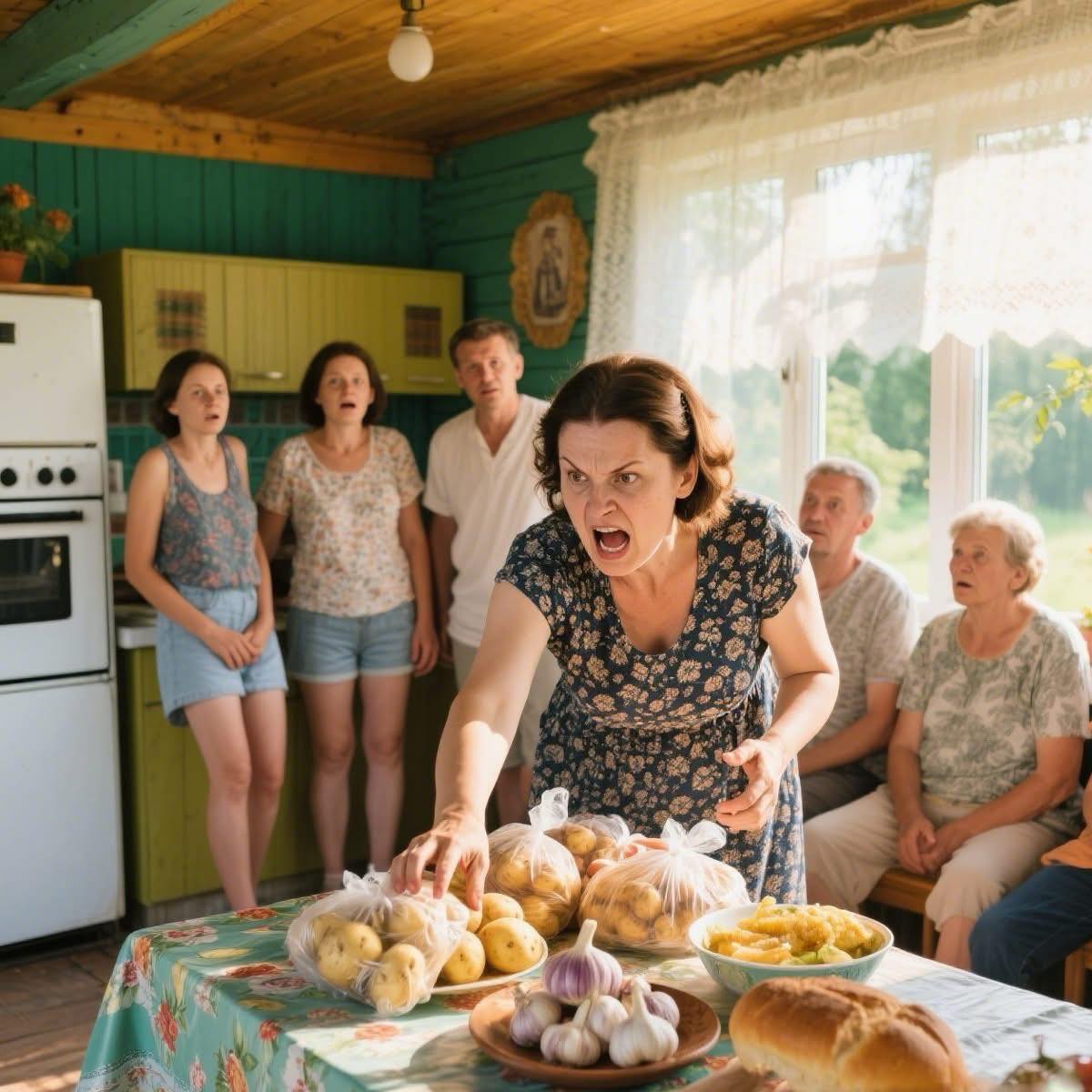 „I chleb weźcie, i ziemniaki, czosnek też… Wy przecież jak szarańcza — wszystko wyżrecie!” — zirytowana gospodyni pakowała rodzinie do siatek wszystko, co jej wpadło pod rękę.