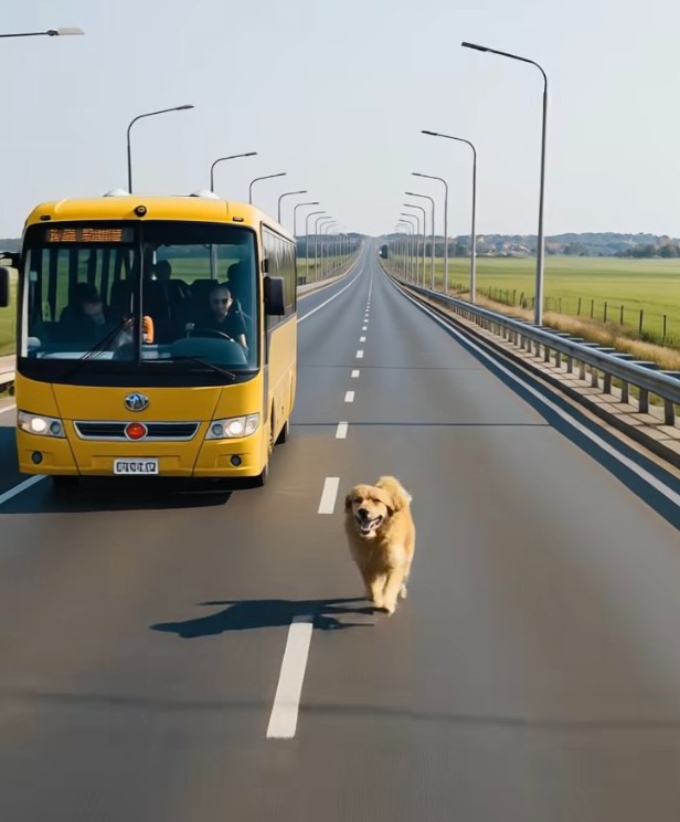 Autobus jechał swoją codzienną trasą, kiedy nagle — jakby znikąd — obok pojawił się pies. Zaczął biec tuż przy pojeździe. Wszyscy zamarli, gdy zrozumieli, dlaczego.
