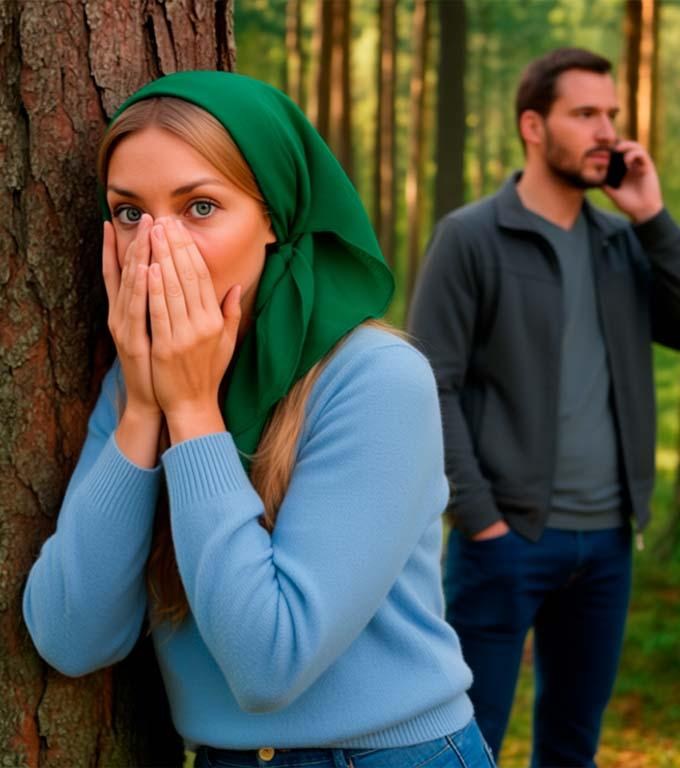 Hinter einem Baum im Wald versteckt, wollte sie ihrem Mann eine Überraschung bereiten, blieb jedoch stehen, als sie sein Telefongespräch hörte.