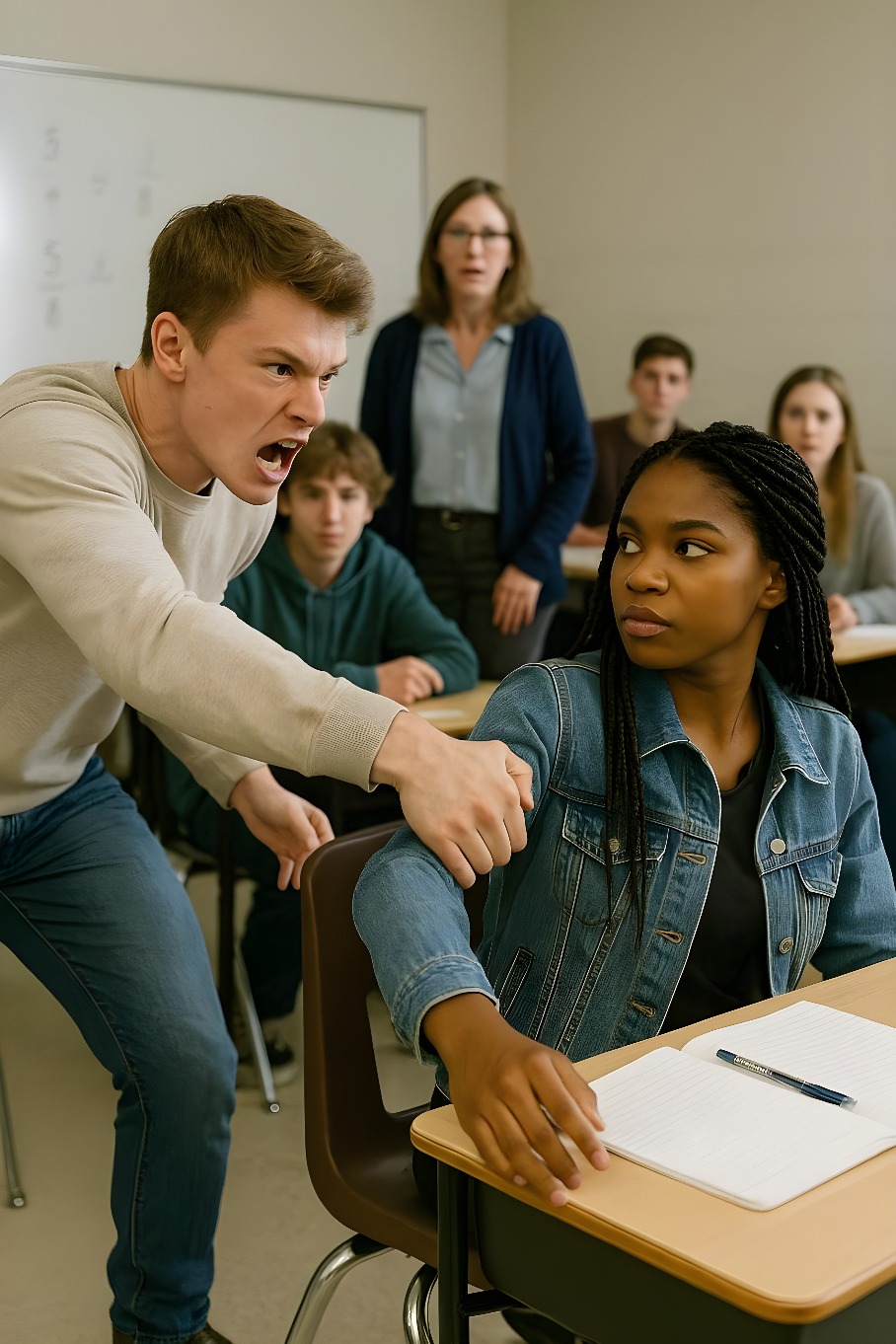 Der größte Rowdy der Schule stürmt in die Stille des Klassenzimmers und geht direkt auf das einzige Mädchen mit dunkler Hautfarbe los.