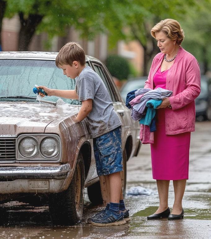 O infirmieră s-a înduioșat de un băiețel care spăla mașini și i-a dat niște haine vechi ale unui decedat, „să le facă cârpe”…