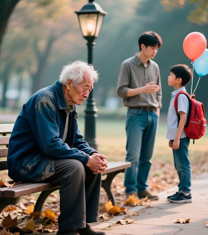 — Tato, tam siedzi staruszek. Płacze, jest spragniony. Kupimy mu wodę i naleśnika? — prosił chłopiec, ciągnąc ojca za rękę.