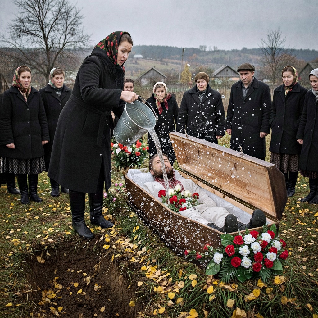 A nő oda lépett a férje koporsójához, és kiöntötte az arcára a vödör tartalmát. A levegőben feszültséggel teli csend ült.