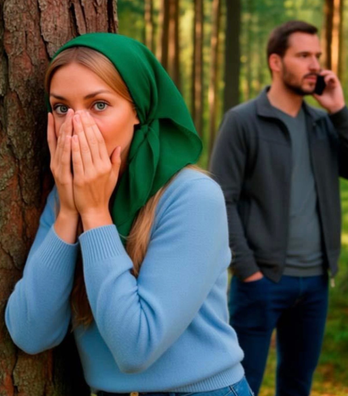 Fának bújva az erdőben, meglepetést akart készíteni a férjének, de megállt, amikor meghallotta a telefonos beszélgetését.