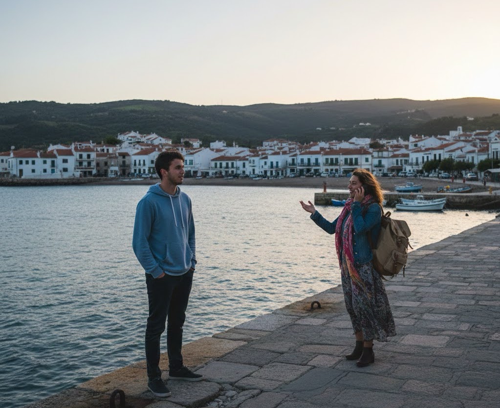 (Oben In einer kleinen Stadt am Meer lebte ein junger Mann namens Daniel. Sein Leben war ruhig und beschaulich, bis Olivia in die Stadt kam.