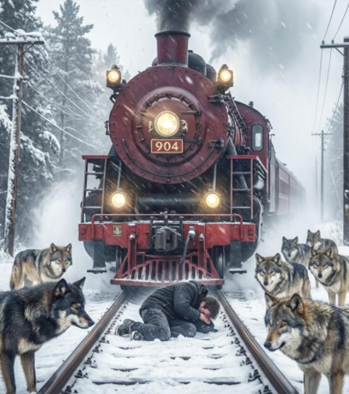 Au ieșit pe șine ca un zid continuu, făcând trenul să scrâșnească din frâne. Mecanicul s-a uitat prin geam — inima i s-a oprit.