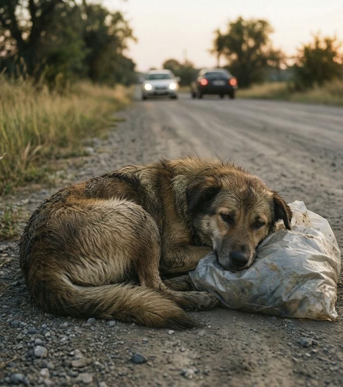 Pe marginea drumului stătea un cățeluș, strângând cu dinții un pachet uzat. Mașinile treceau pe lângă el, fără să se oprească.