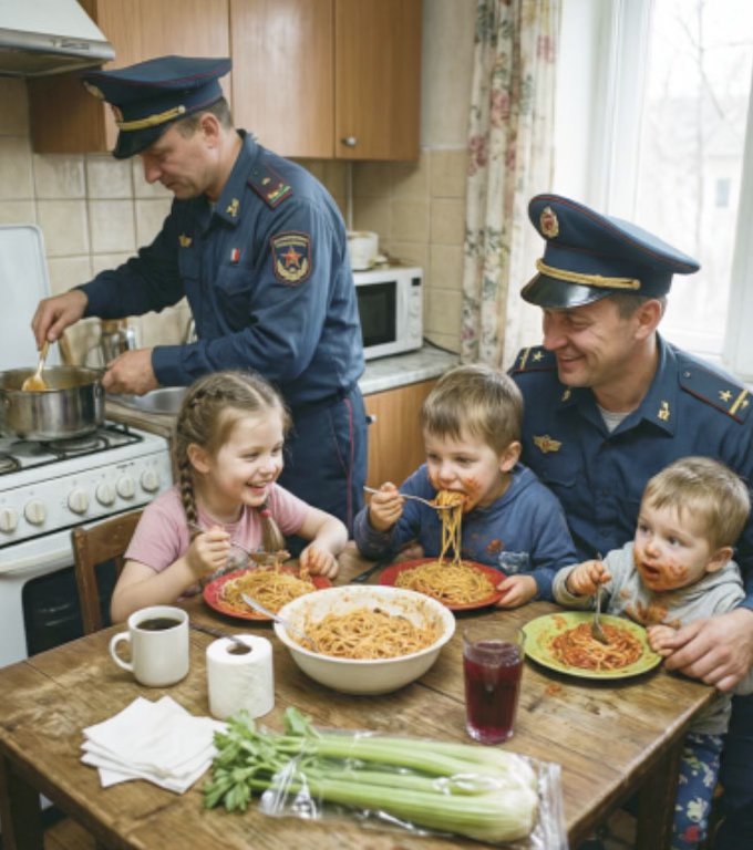 Polițiștii au sosit la apel, fără să se aștepte că va trebui să gătească spaghete. Twilight-ul zilei de sâmbătă a învăluit străzile liniștite ale cartierului de dormit, iar în aer plutea oboseala serii, amestecată cu aroma pământului umed și a