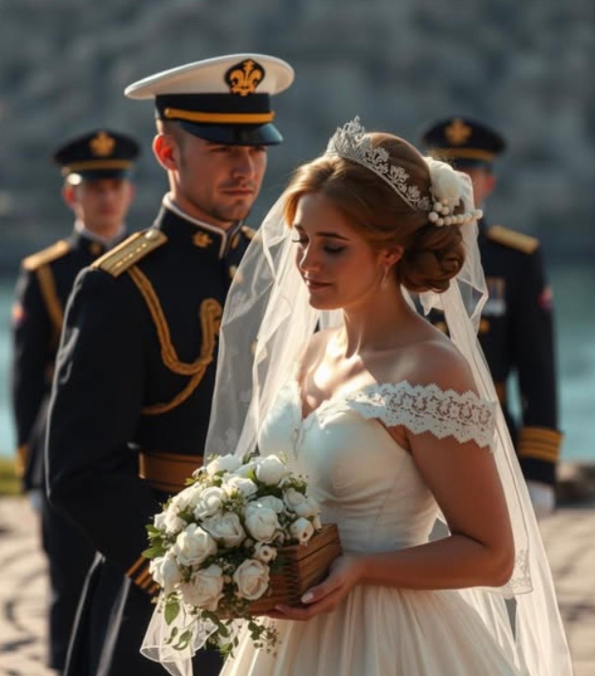 Vse prisutstvuyuschie onemeli, kogda sredi gostey poyavilis’ dvenadtsat’ vysokikh muzhchin v paradnoy voennoy forme s simvolikoy VMF.